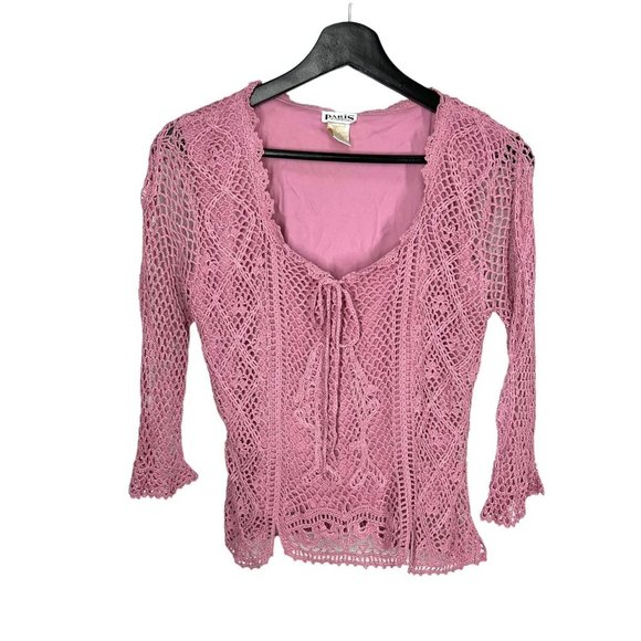 Vintage Tops - Vintage Y2K Pink Crochet Long Sleeve Tie Front Top Medium